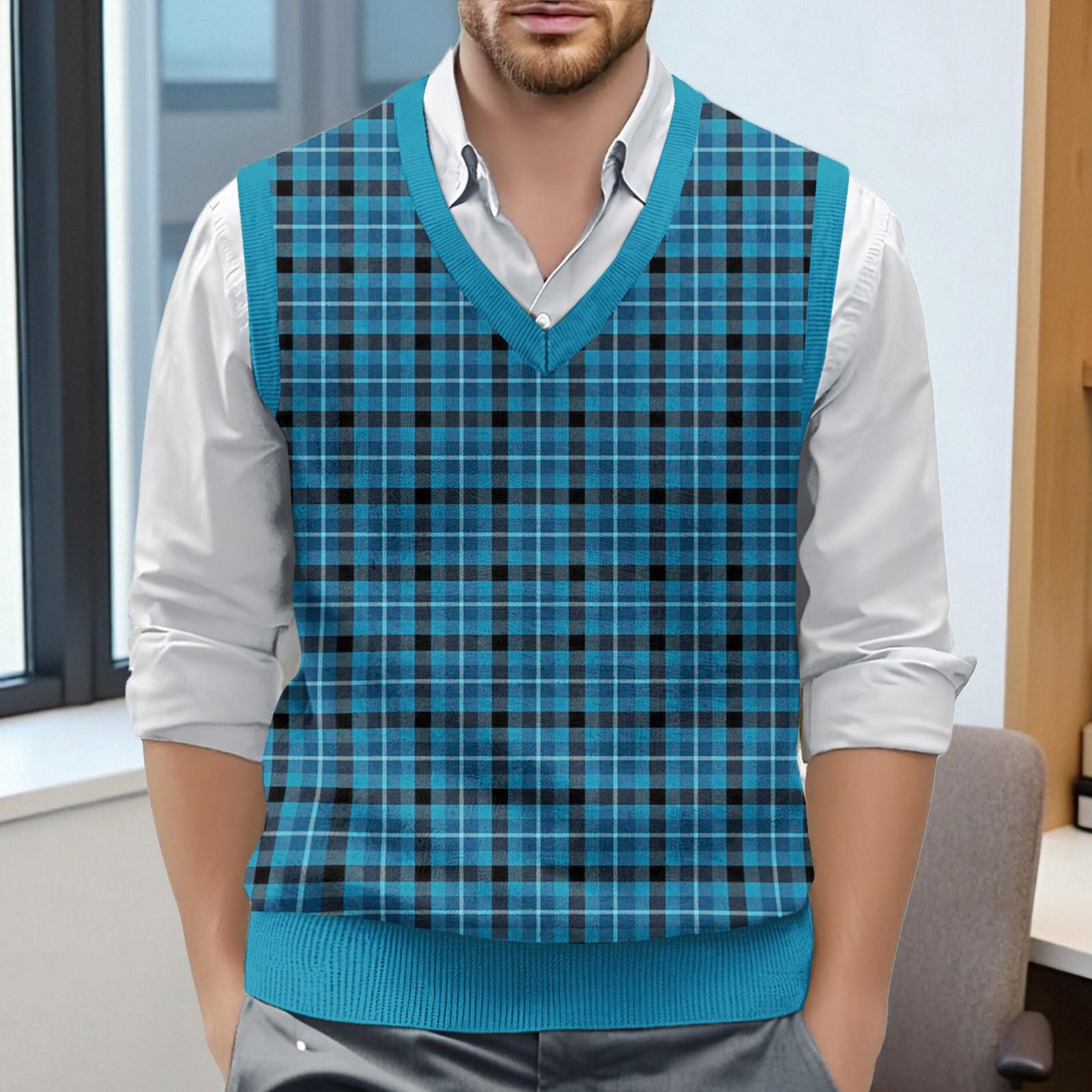 

Мужской жилет без рукавов с клетчатым принтом и V-образным вырезом, вязаный джемпер M синий