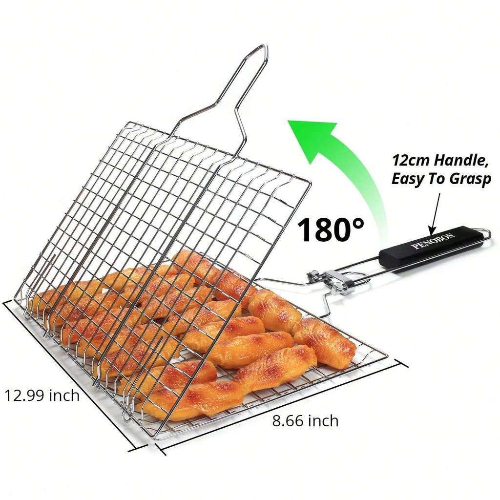 Fish Grilling Basket, Folding Portable Stainless Steel BBQ Grill Basket For Fish Vegetables Shrimp With Removable Handle, Come With Storage Bag