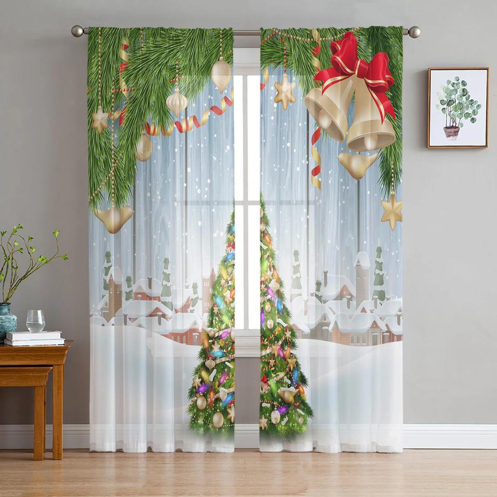 Bells Christmas Tree Snow Village Sheer Curtains for Living Room Decoration Window Curtains Kitchen Tulle Voile Curtains