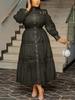 Chic Women Hollow Out Lace Splice Mock Neck Long Sleeve A Line Midi Dress with Belt Casual Party Club Outfits Plus Size