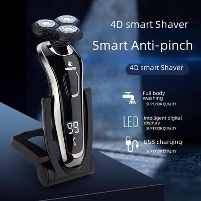 Rechargeable Waterproof Three-Blade Electric Shaver with Digital Display