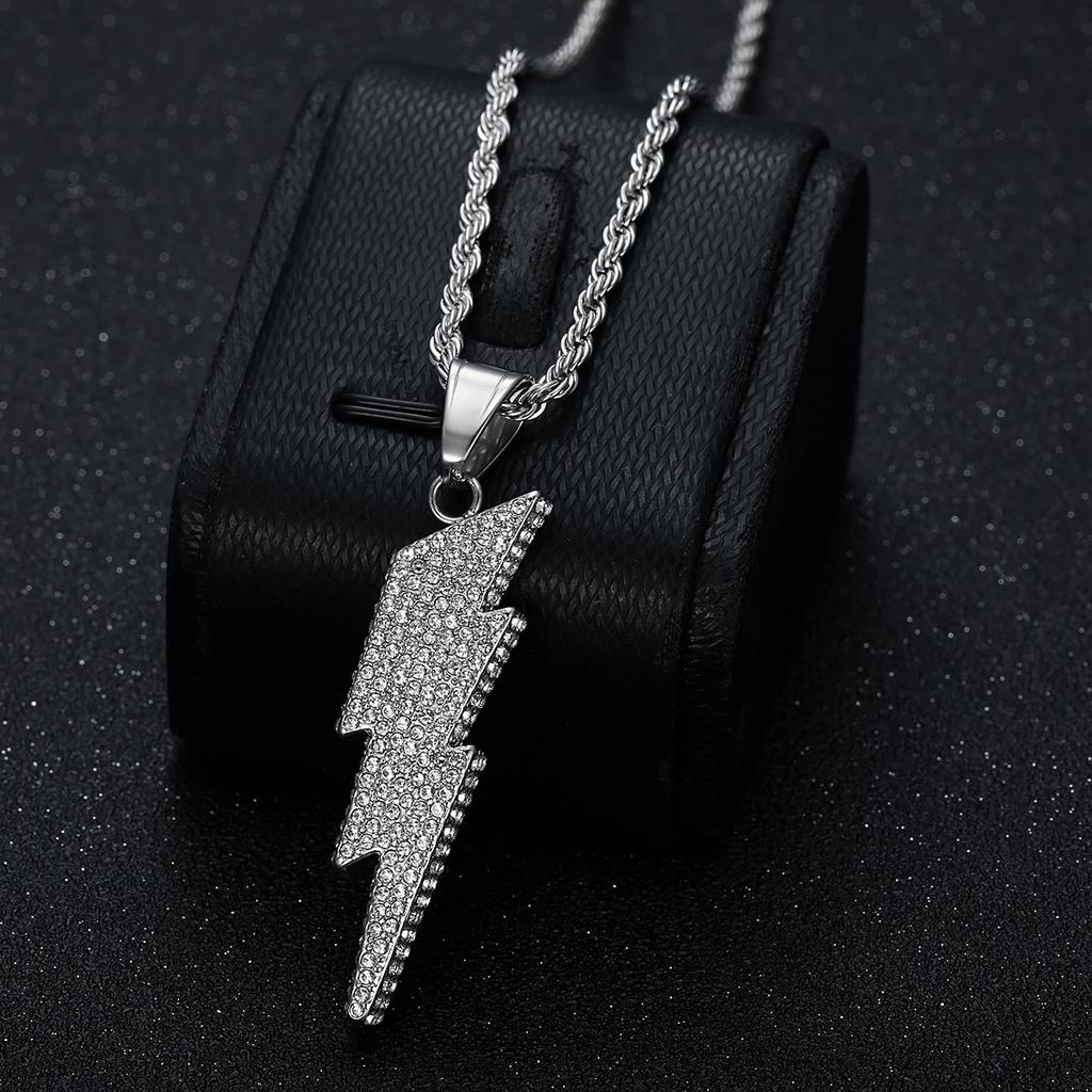 2026 Jewelry 18K Gold Plated Full Diamond Lightning Pendant Necklace Men's Jewelry Accessories