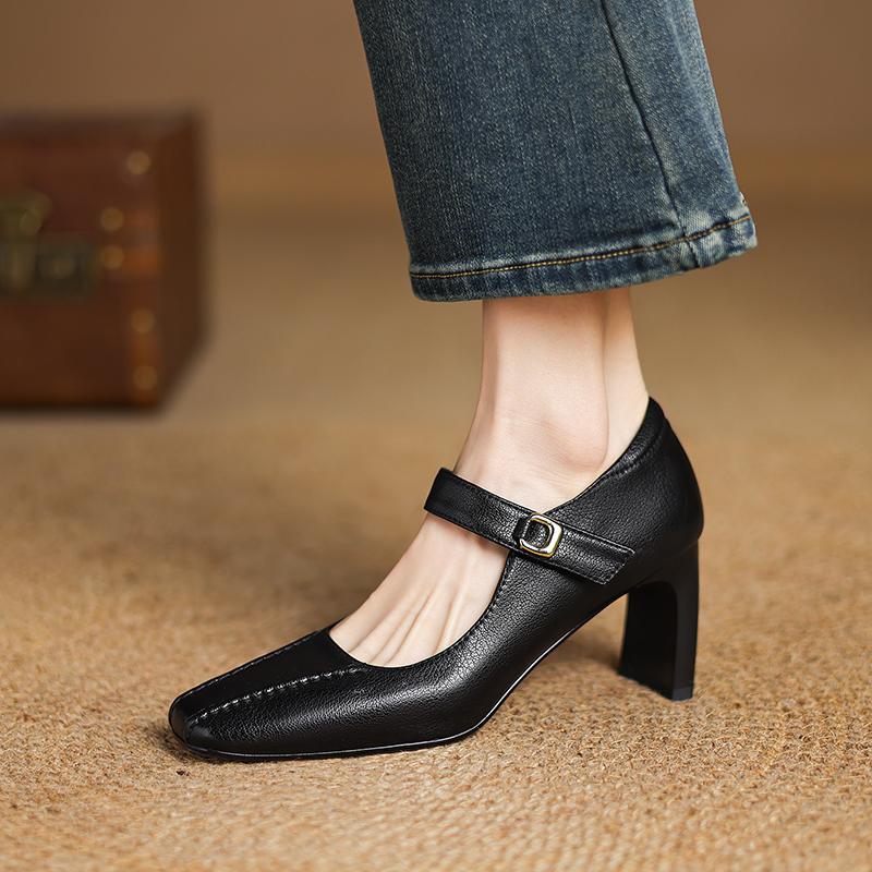 Fashion 2025 New Fashion Women Pumps Shoes Chunky High Heels Spring Mary Jane Summer Square Toe Casual Shoes Woman Black Size 34-40