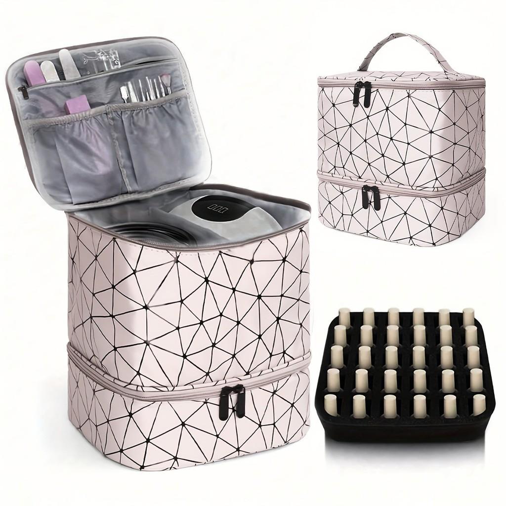 Pu Makeup Bag With Double Layer Nail Polish Organizer For Travel And Storage