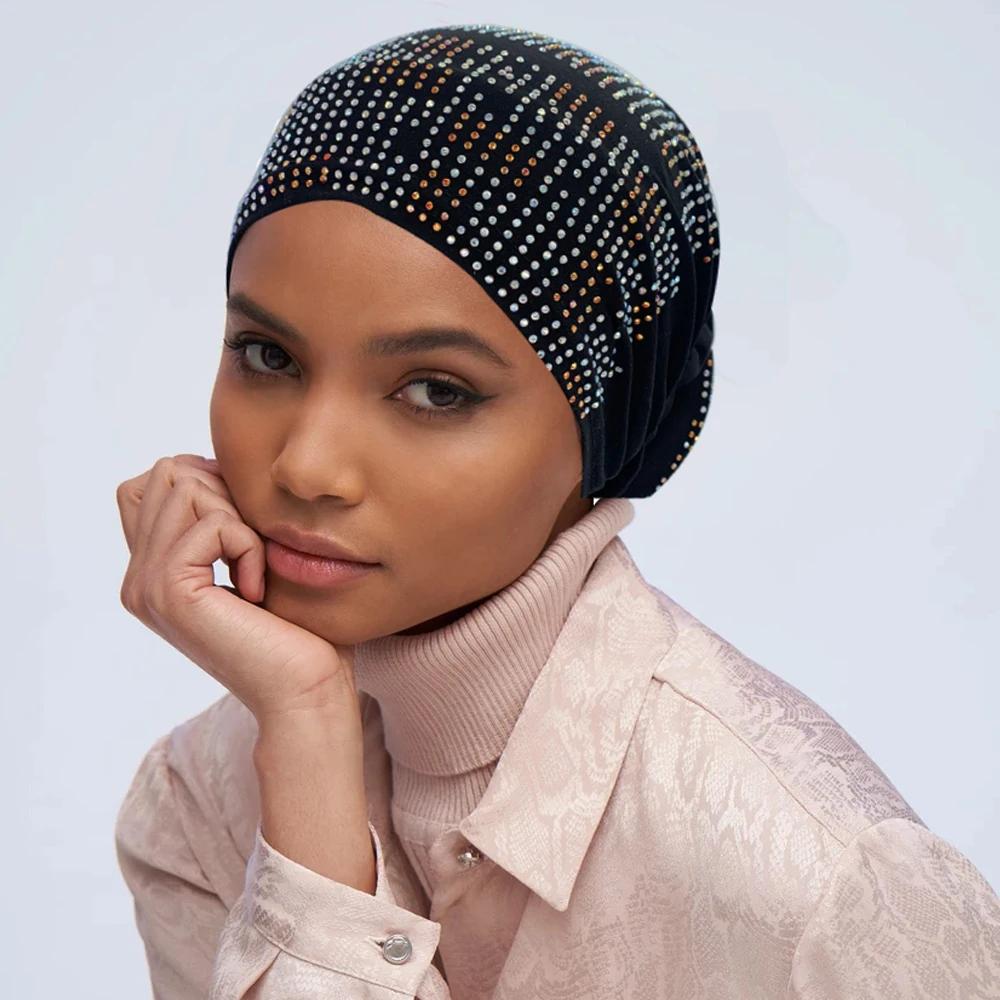 New Women Full Diamonds Donut Turban Cap Elastic Muslim Hijab Bonnet Hat Ladies Headband Turbans African India Caps