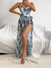 Charming Leaf Print Slit Knot Long Dress Halter Two Piece Bikini Swimsuit For Vacation