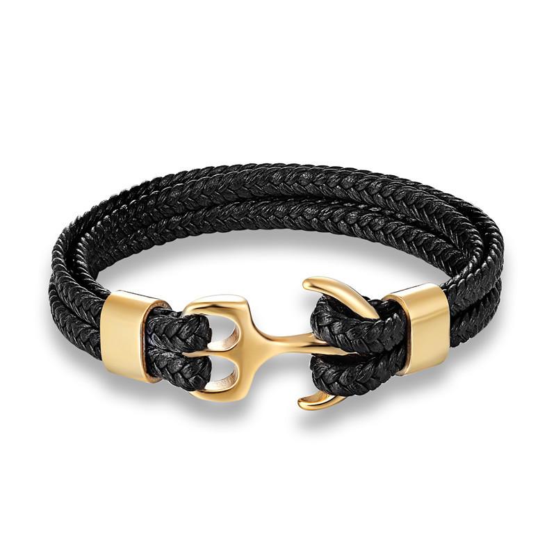 Men Titanium Steel Bracelet Black Cowhide Woven Anchor Leather Rope Bracelet 19CM