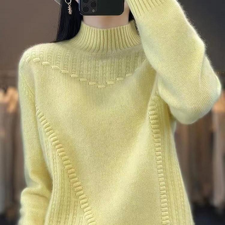Women's Sweater Semi High Neck Thick Solid Color Sweater Pullover Casual Loose and Slimming Knitted Sweater