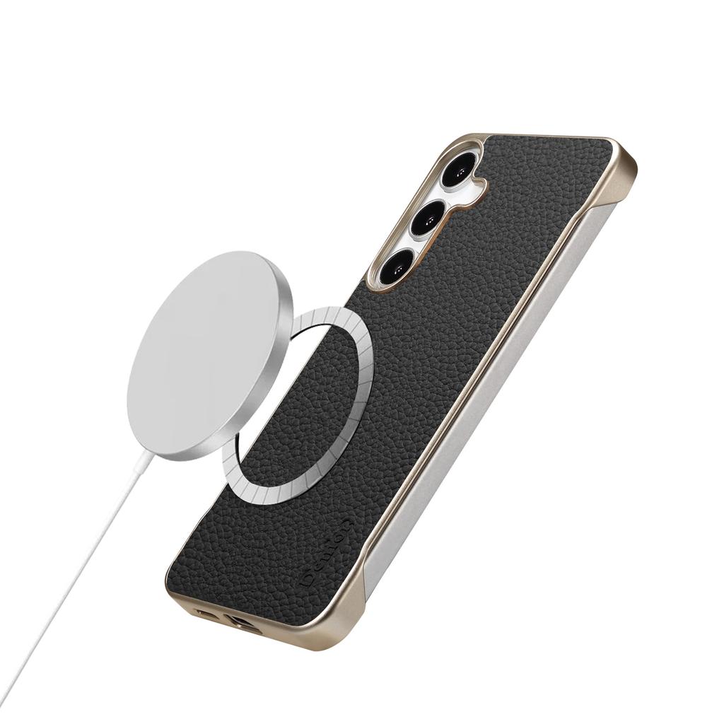 For Samsung Galaxy S25+ Magnetic Case Litchi Texture Genuine Cow Leather+PC Boardless Phone Cover