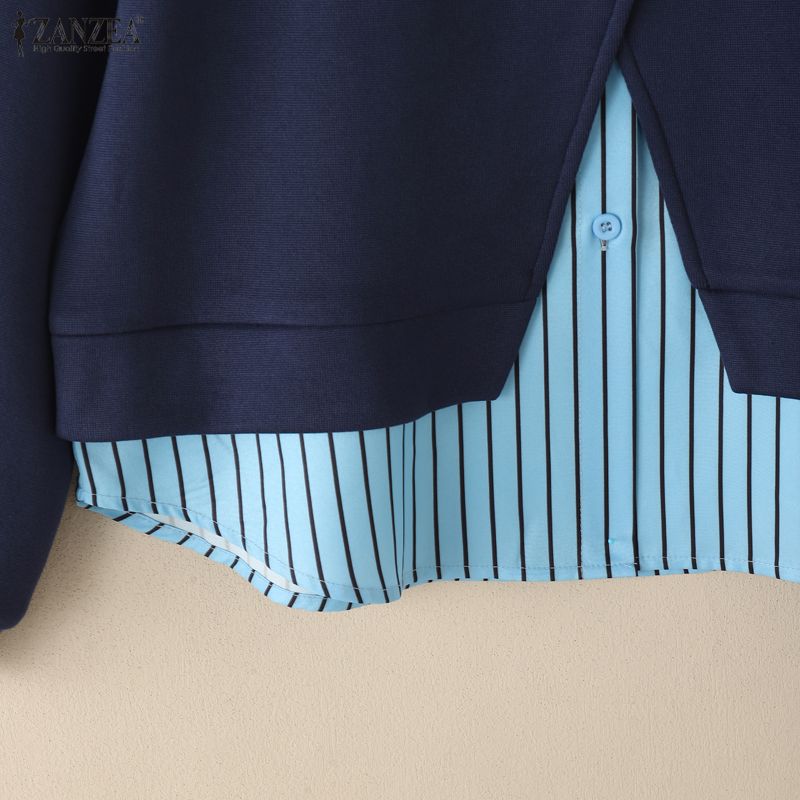 ZANZEA Women Patchwork Casual Turn Down Collar Long Sleeve Pullover Tops Autumn