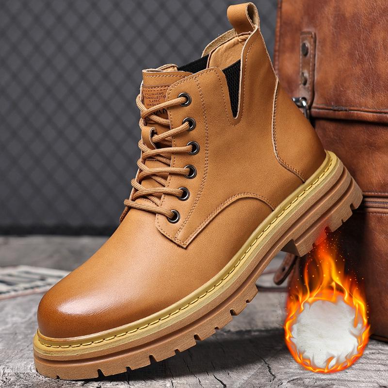 Men's British Style High-Top Yellow Martin Boots: Autumn/Winter Velvet Mid-Tops