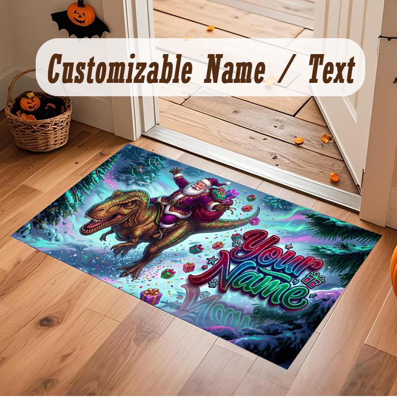 Dinosaur Theme Soft Crystal Velvet Rug Custom Name & Text Print Non Slip Floor Rug for Bedroom Living Room
