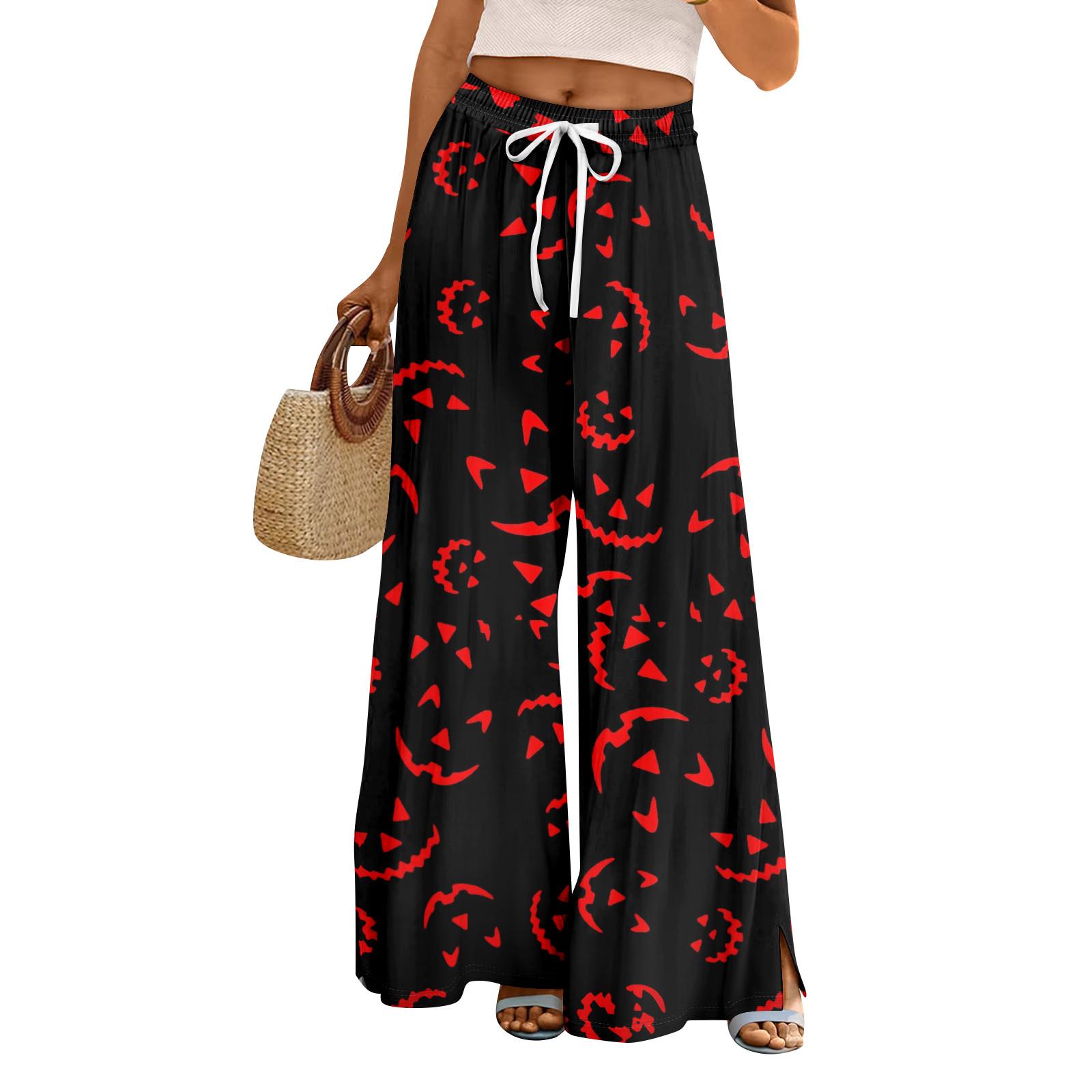 

Women Summer Boho Palazzo Pants High Waist Wide Leg Halloween Printing Casual Trousers With Pockets M червоний