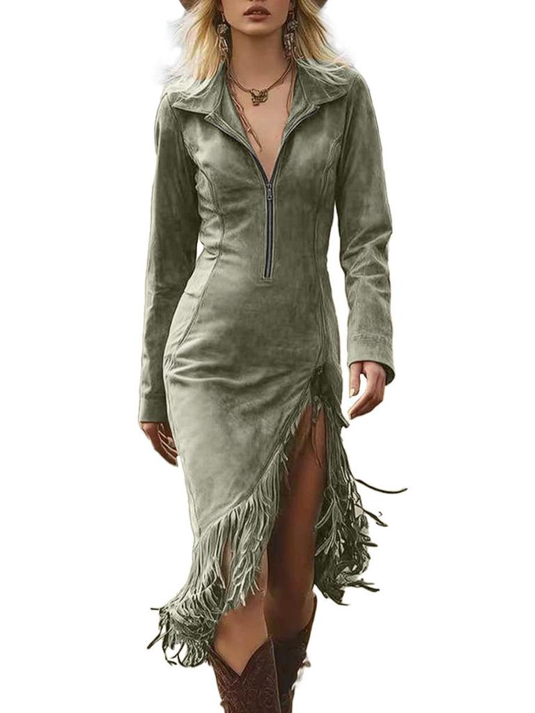 Western Cowboy Suede Tassel Long Sleeve Slim Dress