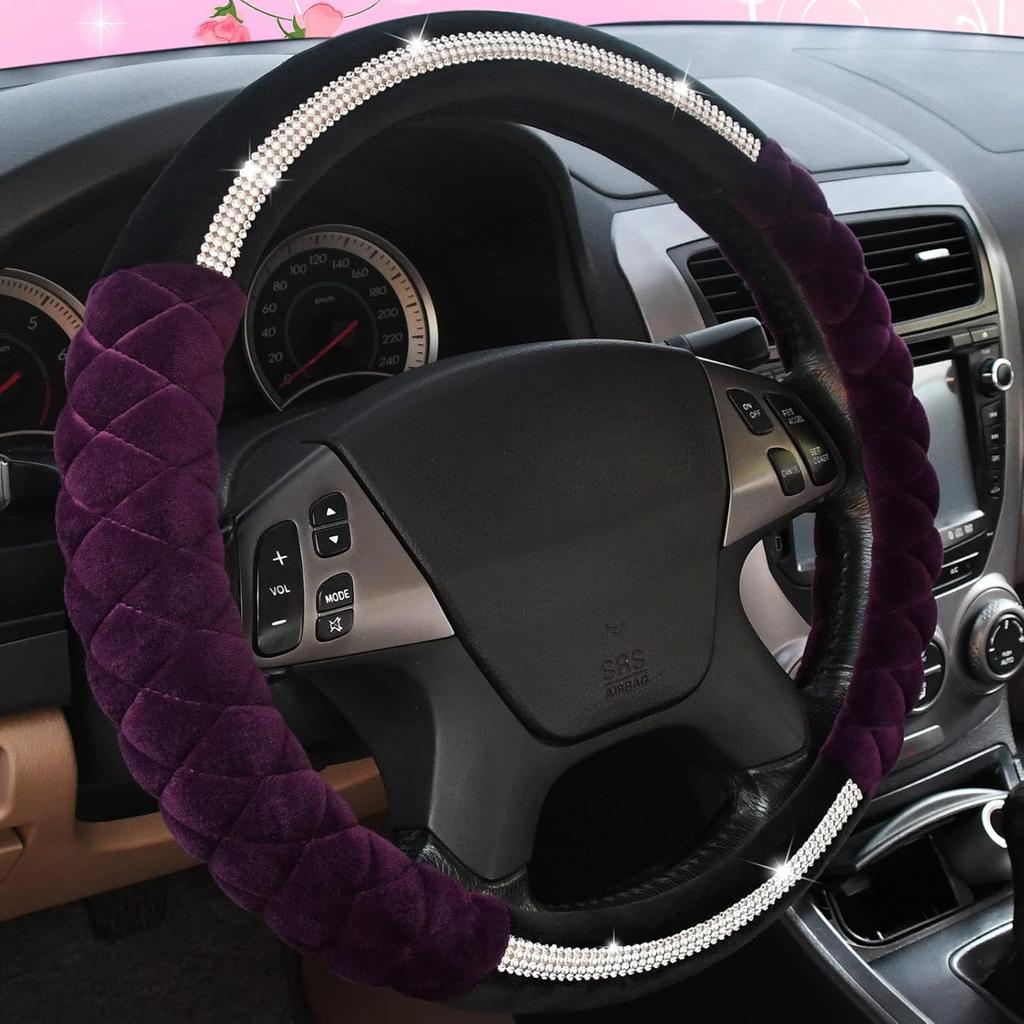 Bling Bling Steering Wheel Cover Universal Luxury Plush Belt Crystal Rhinestone Non-Slip Wheel Protective Cover Women's Girls New 15 Inches Gray