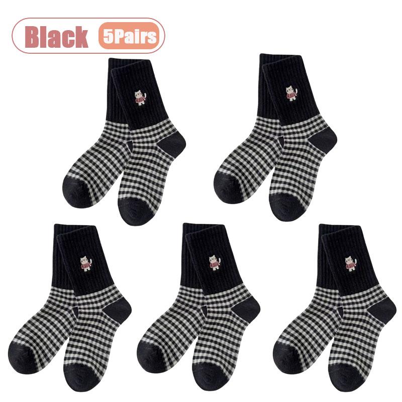 1-10Pairs Vintage Black White Plaid Mid Calf Socks for Women Autumn Winter Cute Cat Cartoon Design Cotton Long Socks