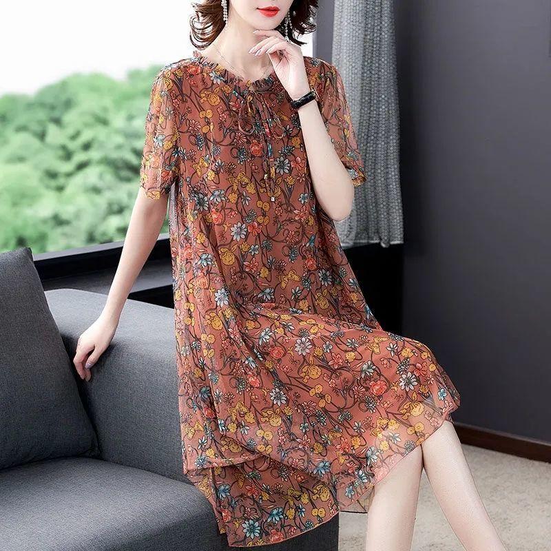 Women's Oversized Dress Printing Round Neck Short Sleeved Loose Mesh Dress Mid Length Simple Commuting Summer