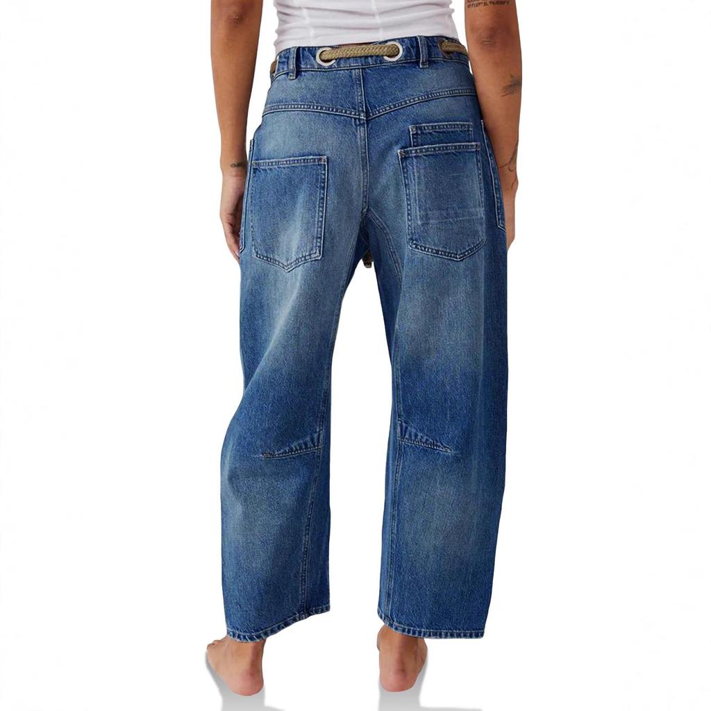 Jeans larghi da donna con coulisse, patchwork, gamba dritta larga, pantaloni in denim, pantaloni casual
