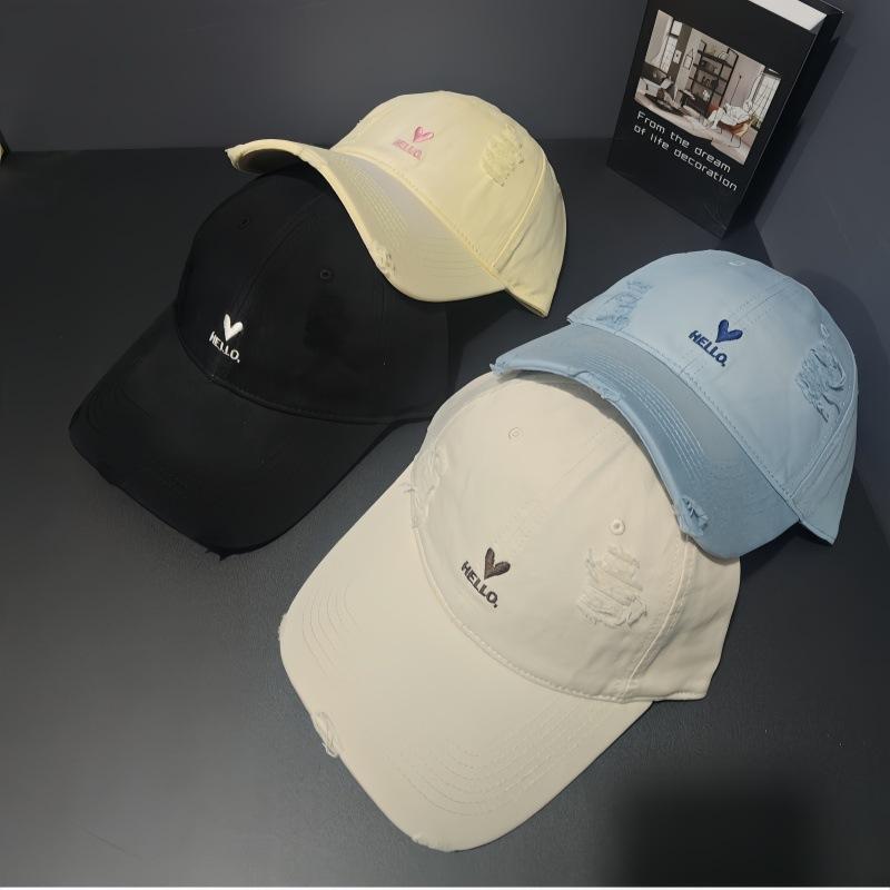 Love Embroidery Ripped Baseball Cap Women's Wide Brim Showing Face Small Versatile Cap Soft Top Big Head Circumference Deep Top Hat