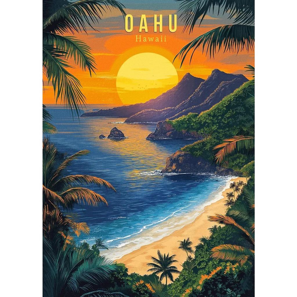 Hawaii Travel Posters Oahu Waikiki Sunset Vintage Tropical Prints Beach Ocean Canvas Painting Wall Art Pictures Home Room Decor