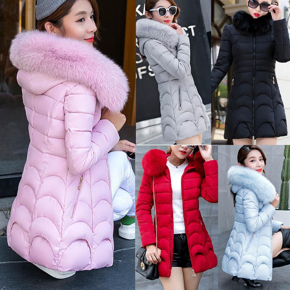 Women Hooded Outwear Warm Coat Long Thick  Collar Cotton Slim Jacket