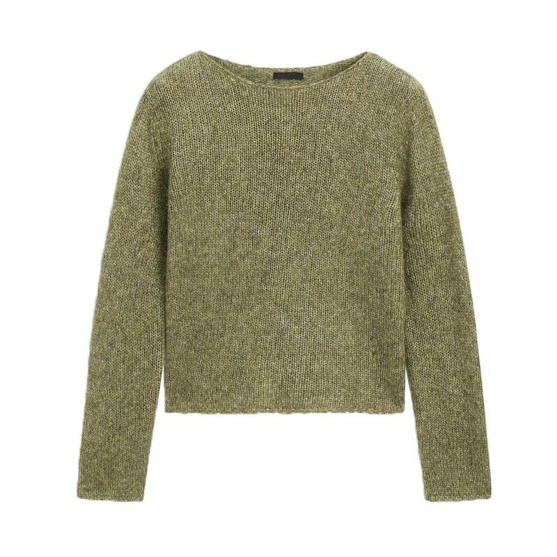 MD Women's Spring Clothing Casual Laid-Back Style Green Soft Glutinous Short Round Neck Sweater Long Sleeve Knitwear 5604633