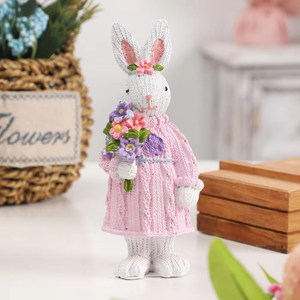 Easter Bunny Resin Figurines Knitted Texture Couple Rabbit Statues With Carrot & Bouquet Home Desktop Decorations Easter Gifts