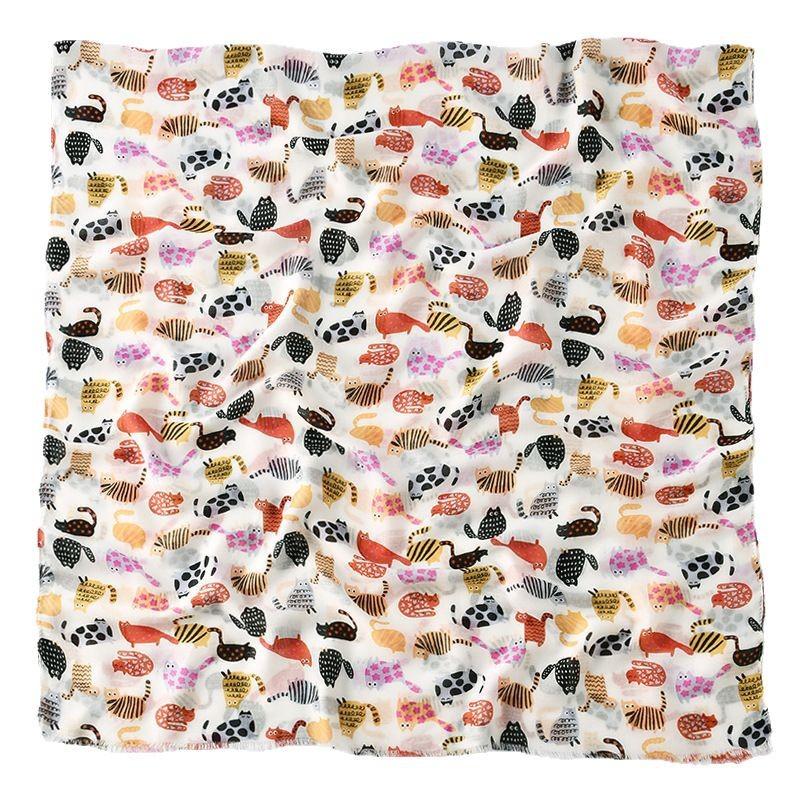Korean New Long-tail Cat Printed Bali Yarn Long Scarf Spring and Summer Versatile Cotton and Linen Fashion Scarf Travel Thin Shawl