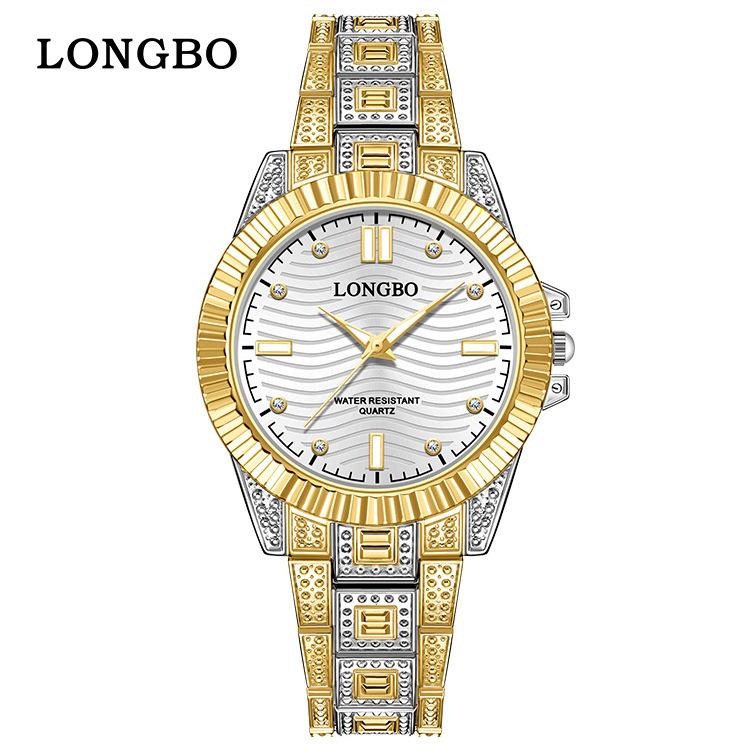 LONGBO 83611 Quartz Watches Waterproof Luminous Stainless Steel Calendar Full Diamond Gold Design Luxury Wristwatch for Couple
