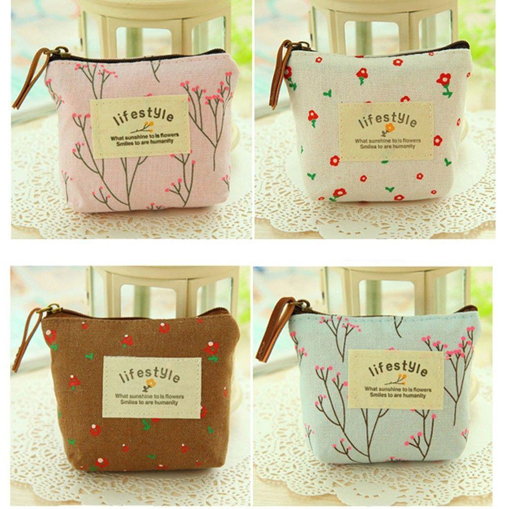Rural Key Case Credit Card Pouch Flower Makeup Women's Floral Coin Bag Wallet Handbag Zip Purse