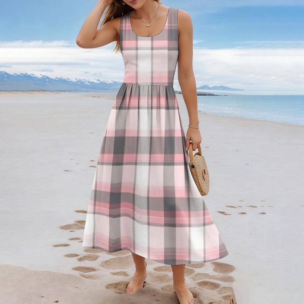 Ladies' Checkered Summer Casual and Fashionable Sleeveless Long Dress
