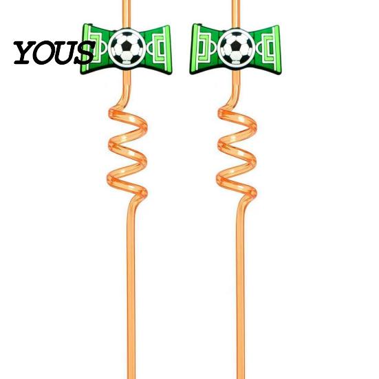 Reusable PET Straw 2Pcs Soccer Theme Spiral Straws, Curved Drinking Washable Straws with Football Charm, World Mug Party Beverage Decor Bendable