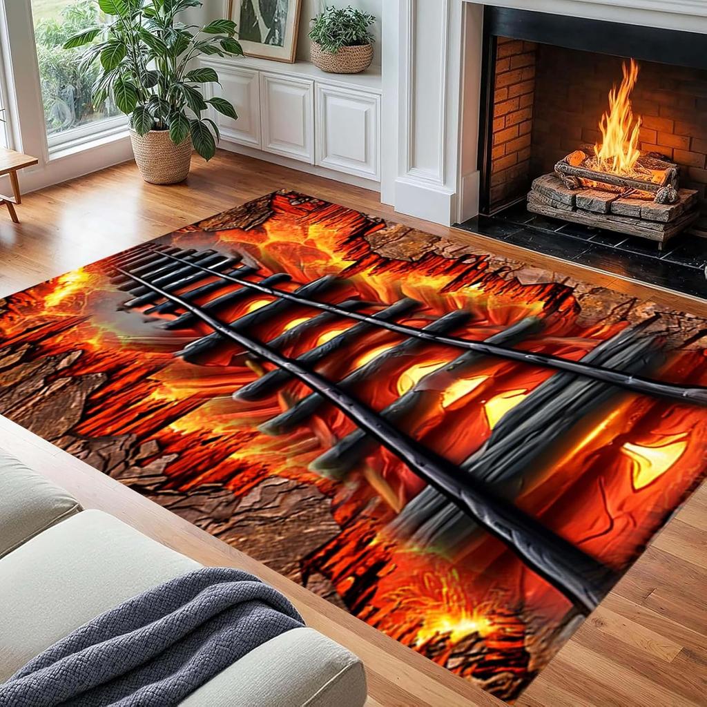 Tappeto A Pelo Corto Area Paesaggio 3D, Tappeto Illusione Ponte Sospeso Fiamme Lava Trippy Emozionante, Tappetino Pavimento Astratto Tappeto da Interno per Camera da Letto