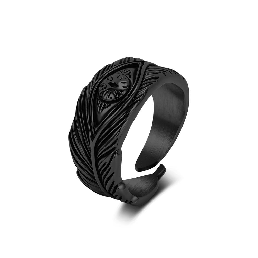 Vintage Feather Eye Open Ring, Adjustable Silver Color Titanium Steel Band, Retro Boho Totem Jewelry, Unisex Gothic Finger Ring for Men Women