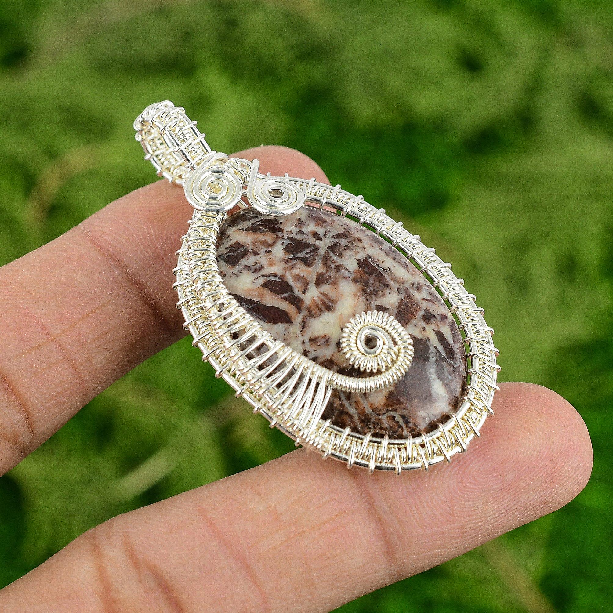 

Natural Coconut Jasper Gemstone Pendant Wire Wrap 925 Sterling Silver Jewelry
