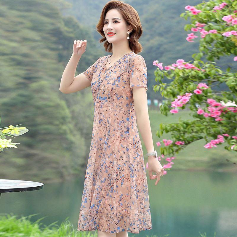 Large Size Dress Women Short Sleeved Loose Floral Dress Summer Mesh Breathable Dress A-line Print Mid Length Dress