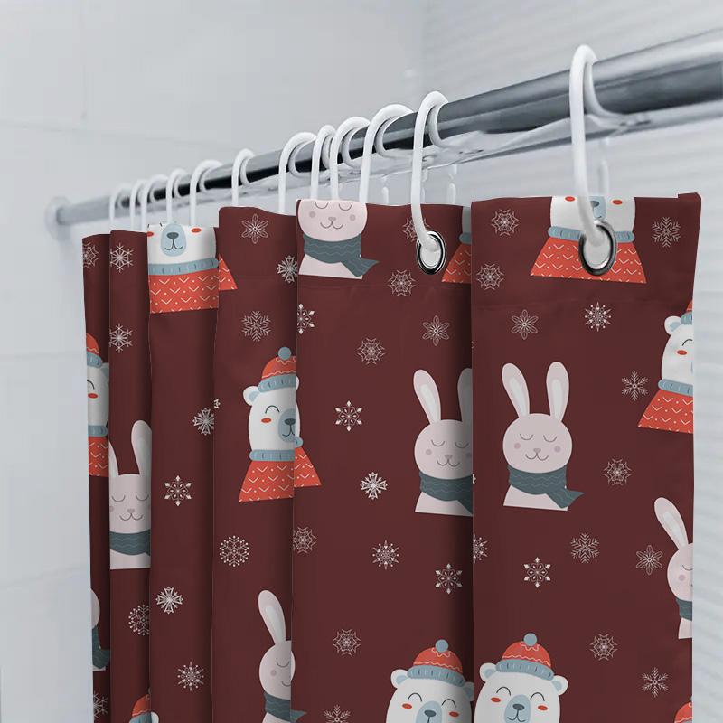 Bathroom Decoration Christmas Shower Curtain with Winter Wonderland Theme Featuring Red Teddy Bears and Snowflakes for Bathroom