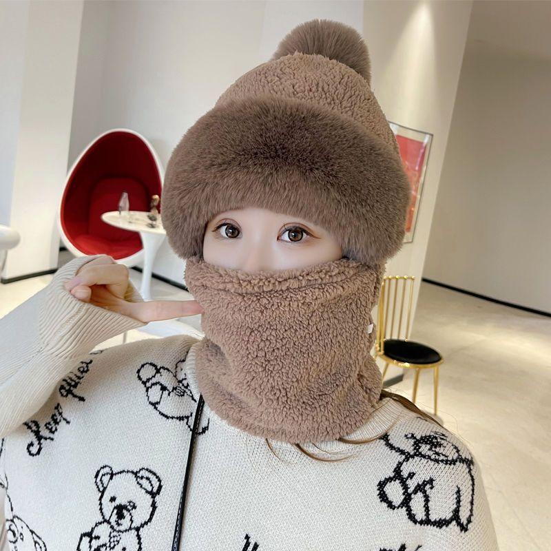 Winter Windproof Cap Outdoor Cycling Velvet Warm Ear Protection Headgear Hat Cold-proof Scarf Integrated Hairball Cap