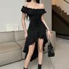Irregular Sexy One Shoulder Dress Summer New Ruffled Waist Halter Neck Strap Mid-length Skirt