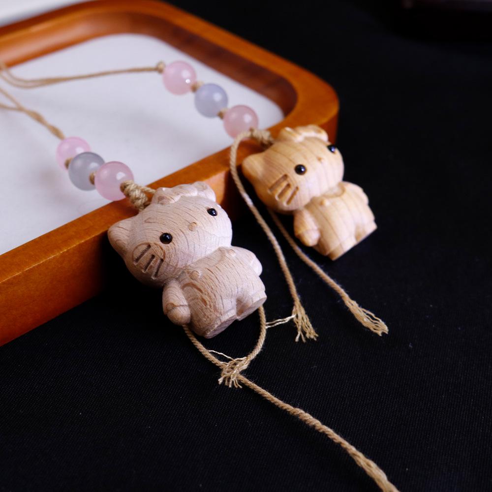 Beech Wood Cat Phone Charm & Keychain - Handmade Cute Bag Accessory