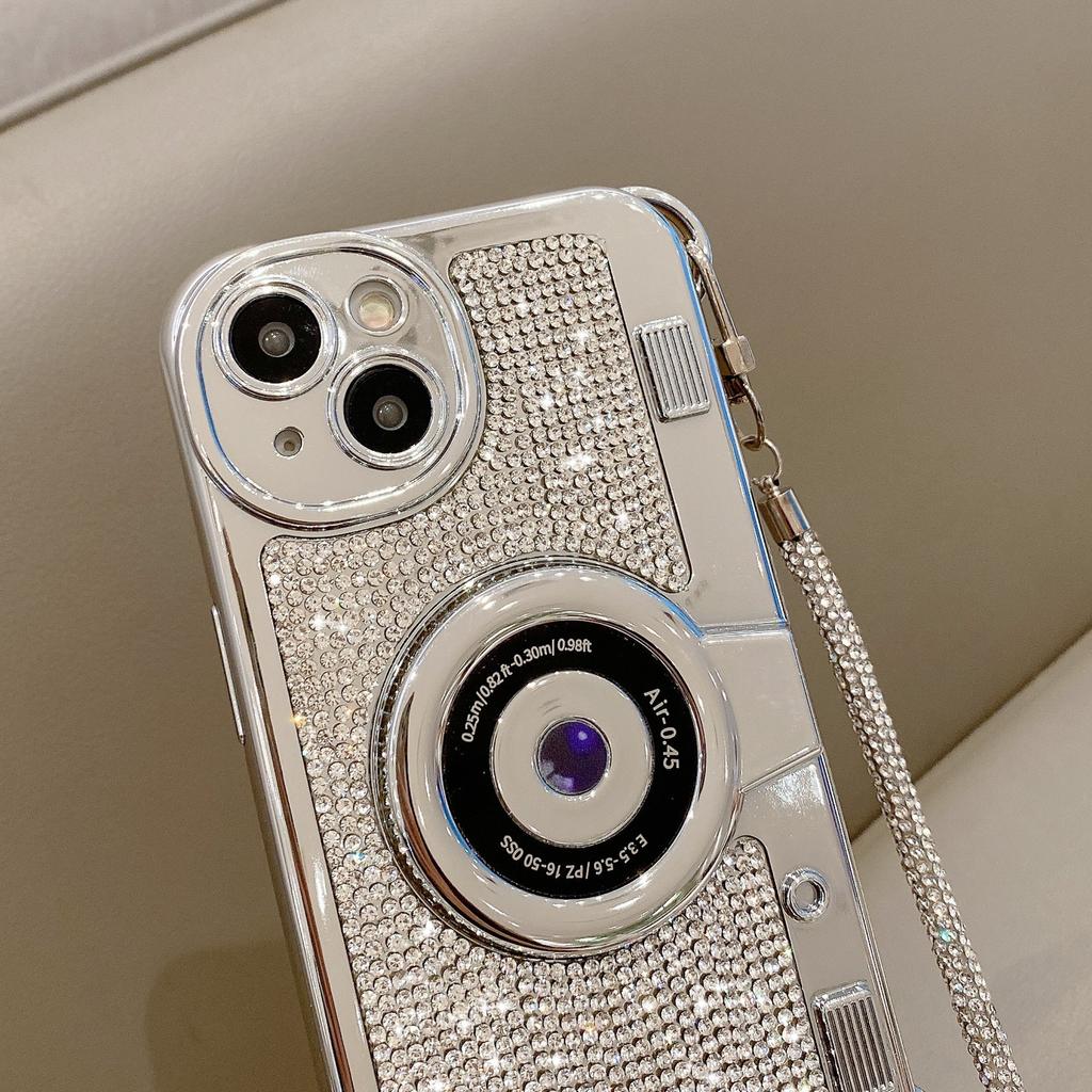 Pro iPhone 14 Plus Velkoobchod s díly pro mobilní telefony Pouzdro s kamínky Kryt z TPU ve tvaru fotoaparátu s řetízkem pro nošení