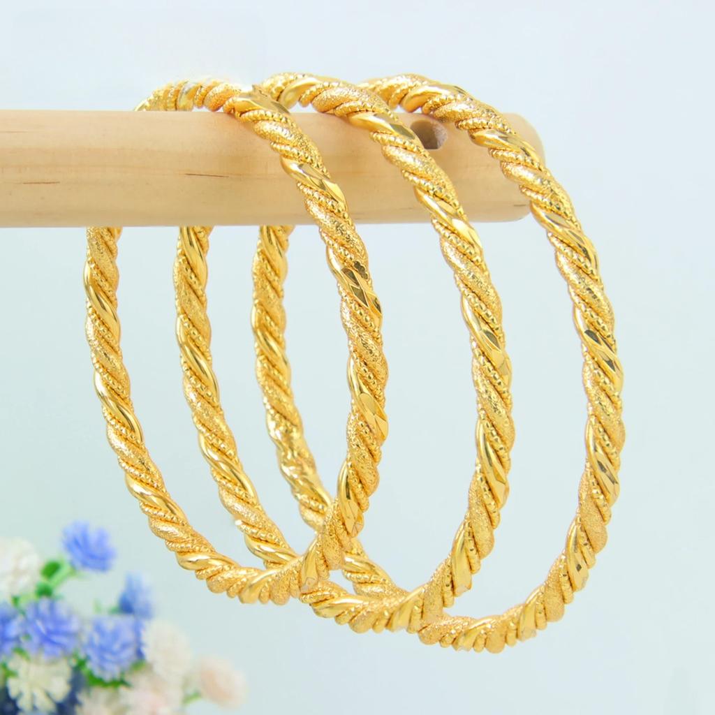 Nigeria Wedding Twist Rope Stackable Bracelet 21k Gold Plated Dubai Simple Cuff Bangles Italian Muslim Women Party Jewelry