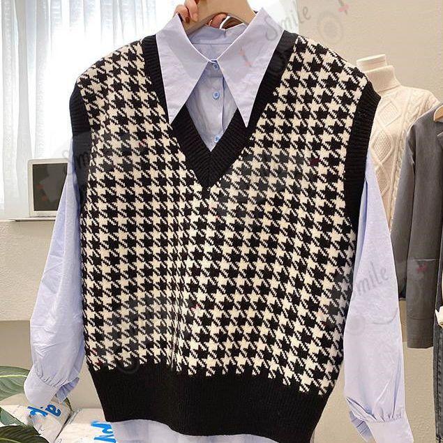 

Вязаный жилет с v-образным вырезом, женский пуловер с узором «гусиные лапки», корейский свободный универсальный жилет без рукавов, свитер, жилет, куртка, верхняя одежда, пуловер One Size чёрный