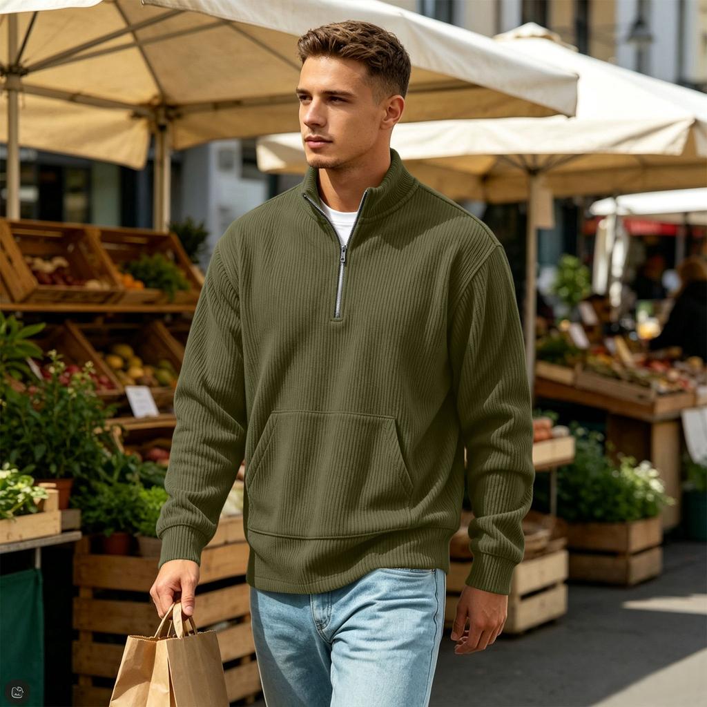 Men's Vintage Corduroy Long Sleeve Zip Up Shirt Stand Collar Casual Top