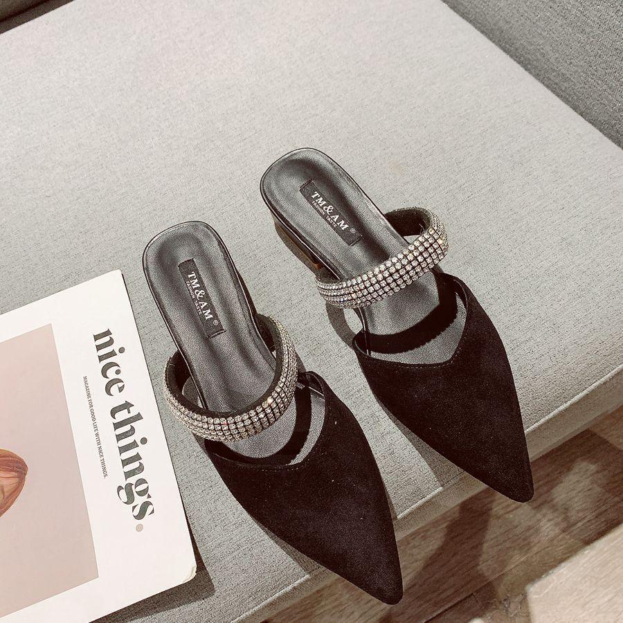 Baotou Half Slippers Women Wear Spring and Summer 2025 New Rhinestone Word with Thick Heel Pointed Head Half Tray Fairy Sandals