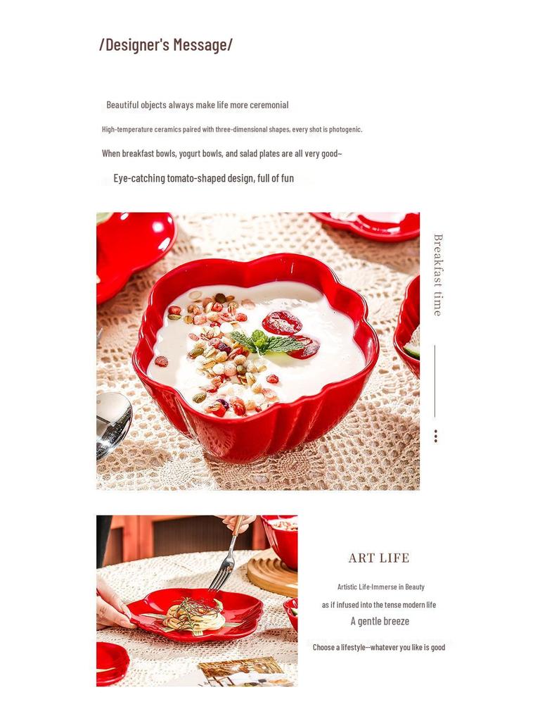 Tomato Ceramic Tableware: Tomato-Shaped Dinner Plates, Heart-Shaped Dessert Bowls, Festive Fruit Plate, Red Storage Jar.