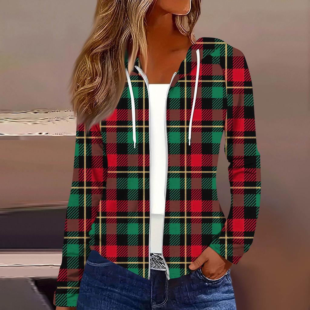 Women's Fashion Christmas Print Casual Zip-Up Long-Sleeved Hooded Jacket