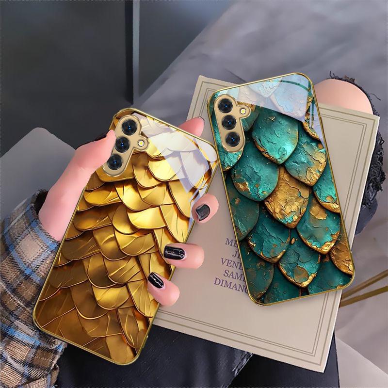 Golden scale texture For Samsung A 01 52S 04 04e 05 10 12 13 A22 23 24 36 42 M02 Note 10 20Ultra 8 9 Golden glass phone case