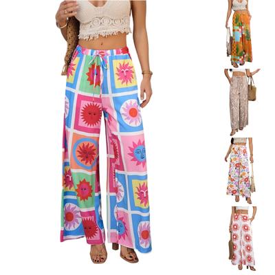 Women's Flowy Wide Leg Palazzo Pants Dressy Casual Elastic High Waisted Pockets Boho Beach Trousers