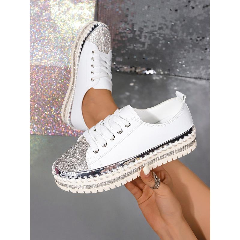 Women's Casual Shoes, Sizes 35-43 Flat-Soled, Diamond-Studded Lace-Up Sneakers Thick-Soled White Sneakers Women's Athletic Slip-Ons